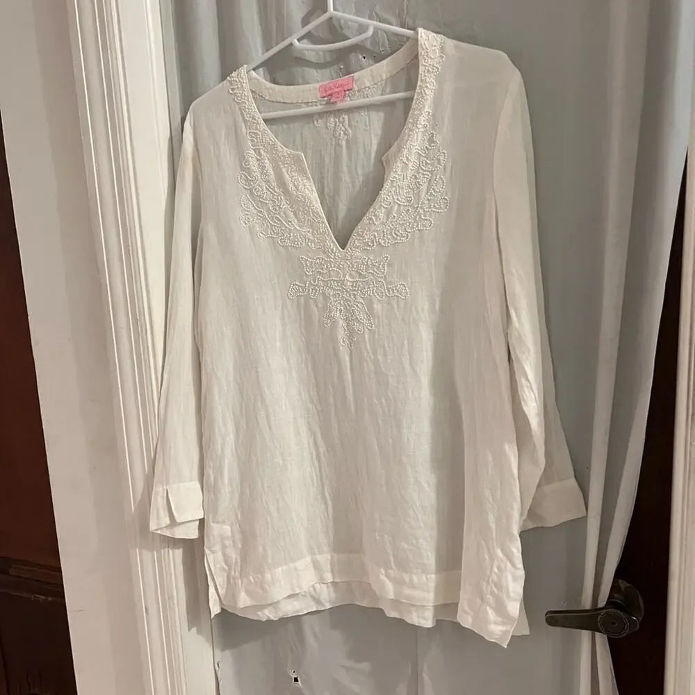 Lilly Pulitzer Amelia island tunic resort white beaded size s 100% linen - Picture 1 of 7